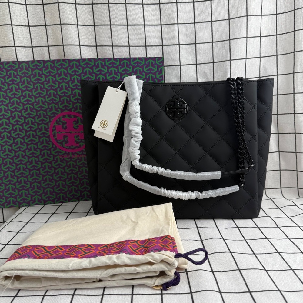 NEW Tory Burch Black Matte Quilted Tote Bag Authentic